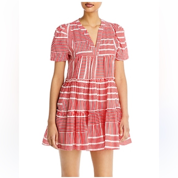 Aqua Dresses & Skirts - AQUA Women’s Mini Dress Size Large Red White Striped Print V Neck Ruffle Hem